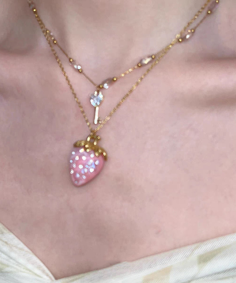 Pink Alloy Pearl Cat's Eye Strawberry Beading Pendant Necklace Three-piece Set