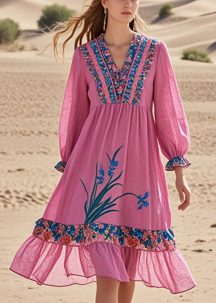 Pink Ruffled Patchwork Cotton Tea Dress Fall
