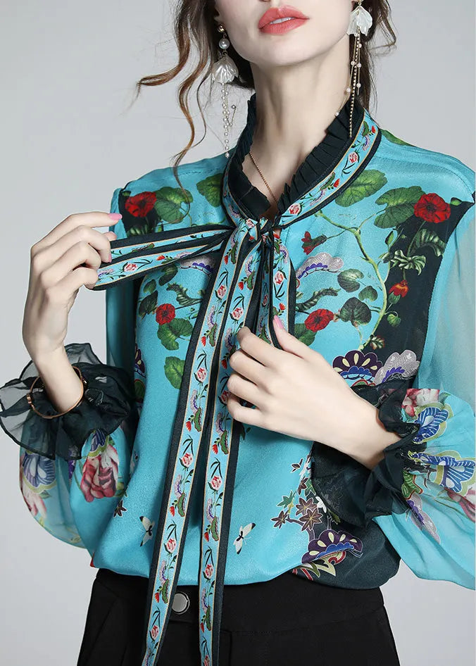 Indigo Stand Collar Print Tie Waist Silk Shirt Long Sleeve