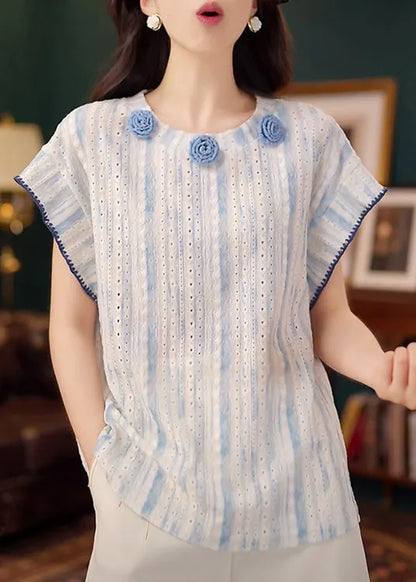 Organic Blue Decorated Hollow Out Cotton Tanks Summer