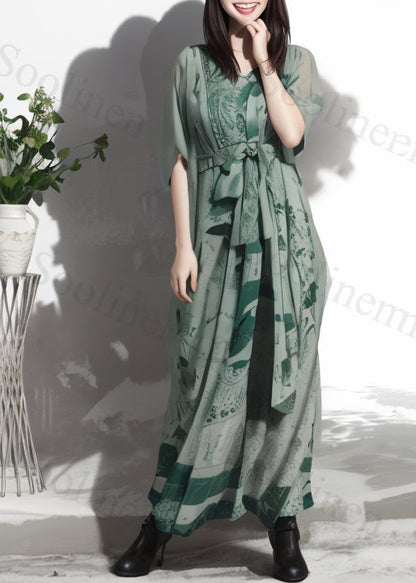 Green Print Lace Up Loose Silk Maxi Dresses Summer