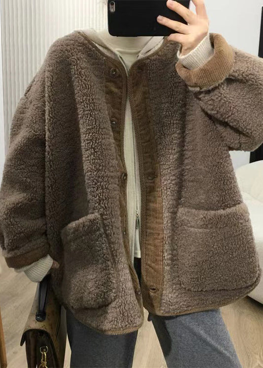 Loose Coffee Button Pockets Patchwork Teddy Faux Fur Coats Fall