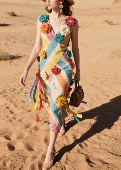 Multicolor Striped Knitted Flower Cotton Cami Dresses Summer