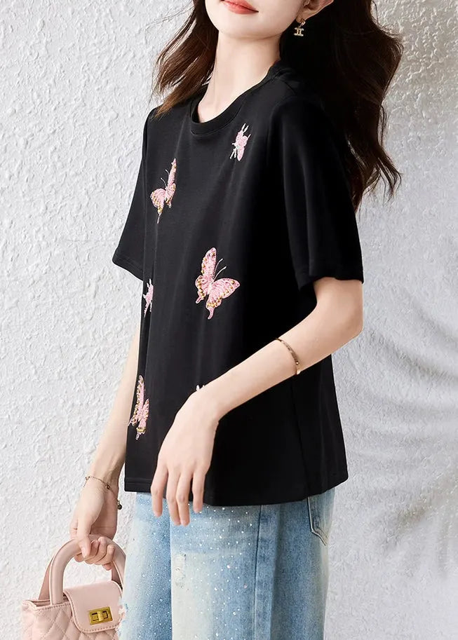 Handmade Black Butterfly Nail Bead Cotton T Shirt Summer