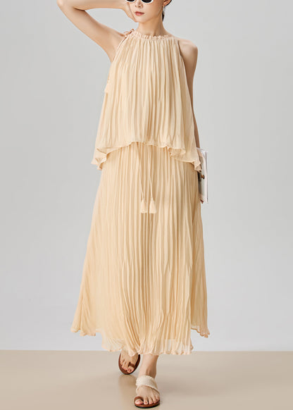 Apricot Wrinkled Tops and Skirts Chiffon Two Pieces Set Sleeveless