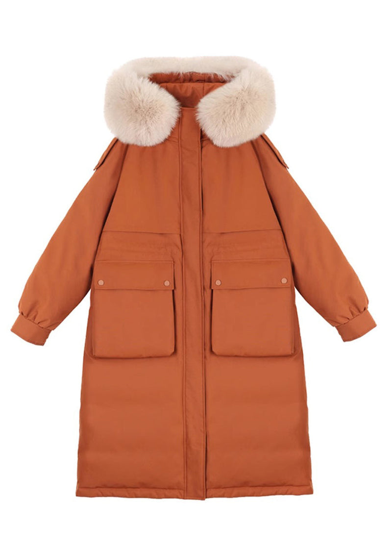Caramel Hooded Pockets Fur Collar Duck Down Coats Winter