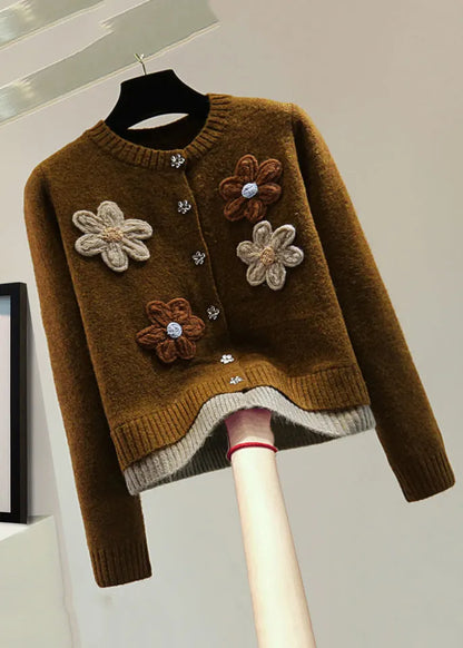 Coffee O-neck Fake Two Pieces Thick Cotton Knit Sweaters Winter