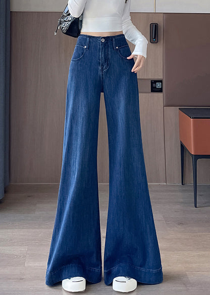 Simple Blue Pockets High Waist Denim Flared Trousers Fall