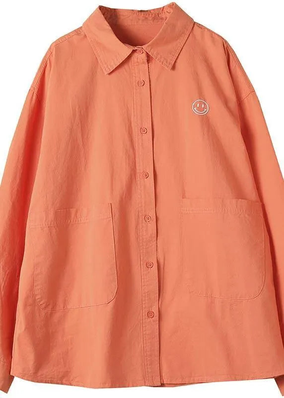 French Lapel Pockets Spring Clothes for Photography Orange Smiling Face Shirts