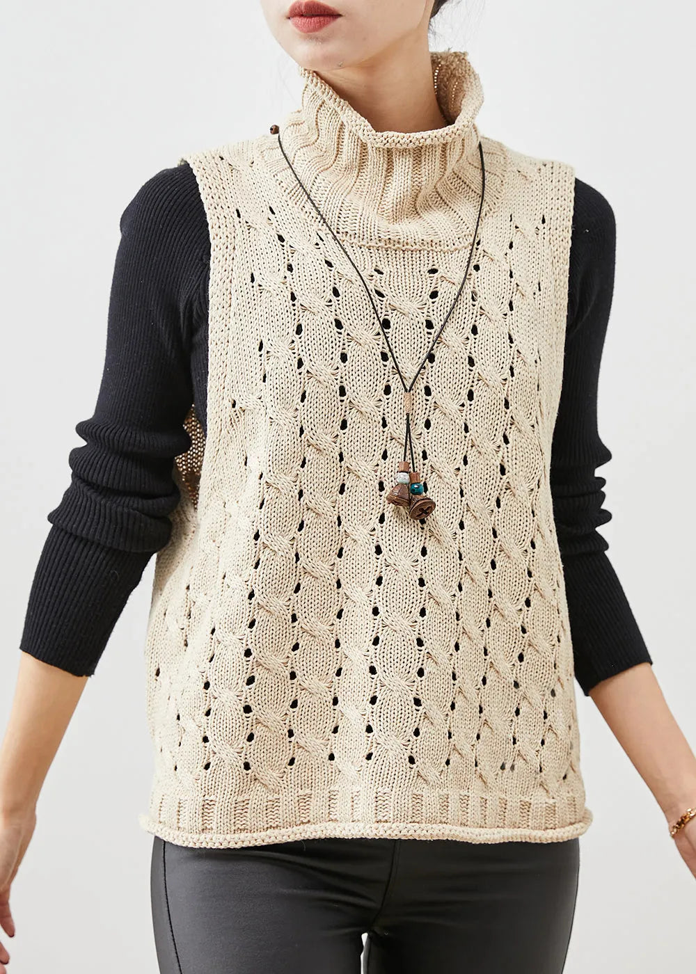 Modern Apricot Turtle Neck Hollow Out Knit Vests Spring