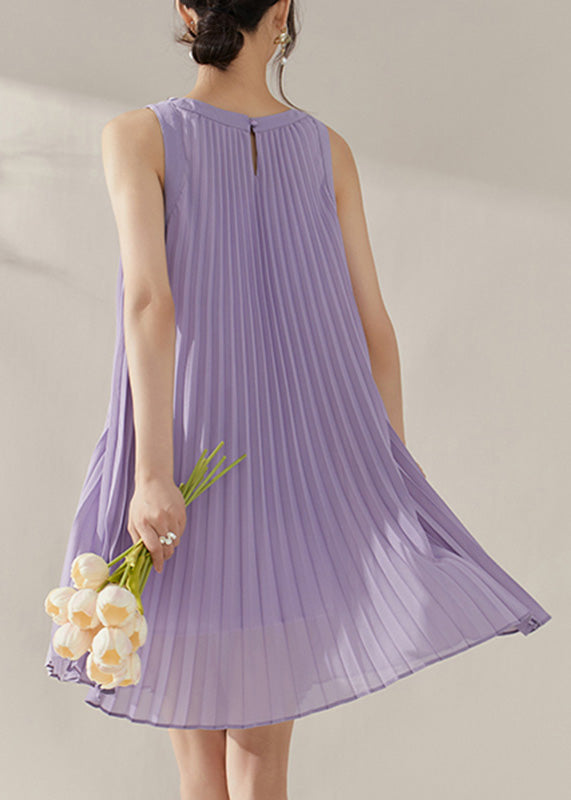 Purple O-neck Wrinkled Chiffon Mid Dress Summer