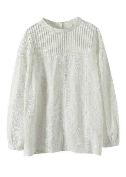 White Hollow Out Patchwork Wrinkled Cotton Tops Fall