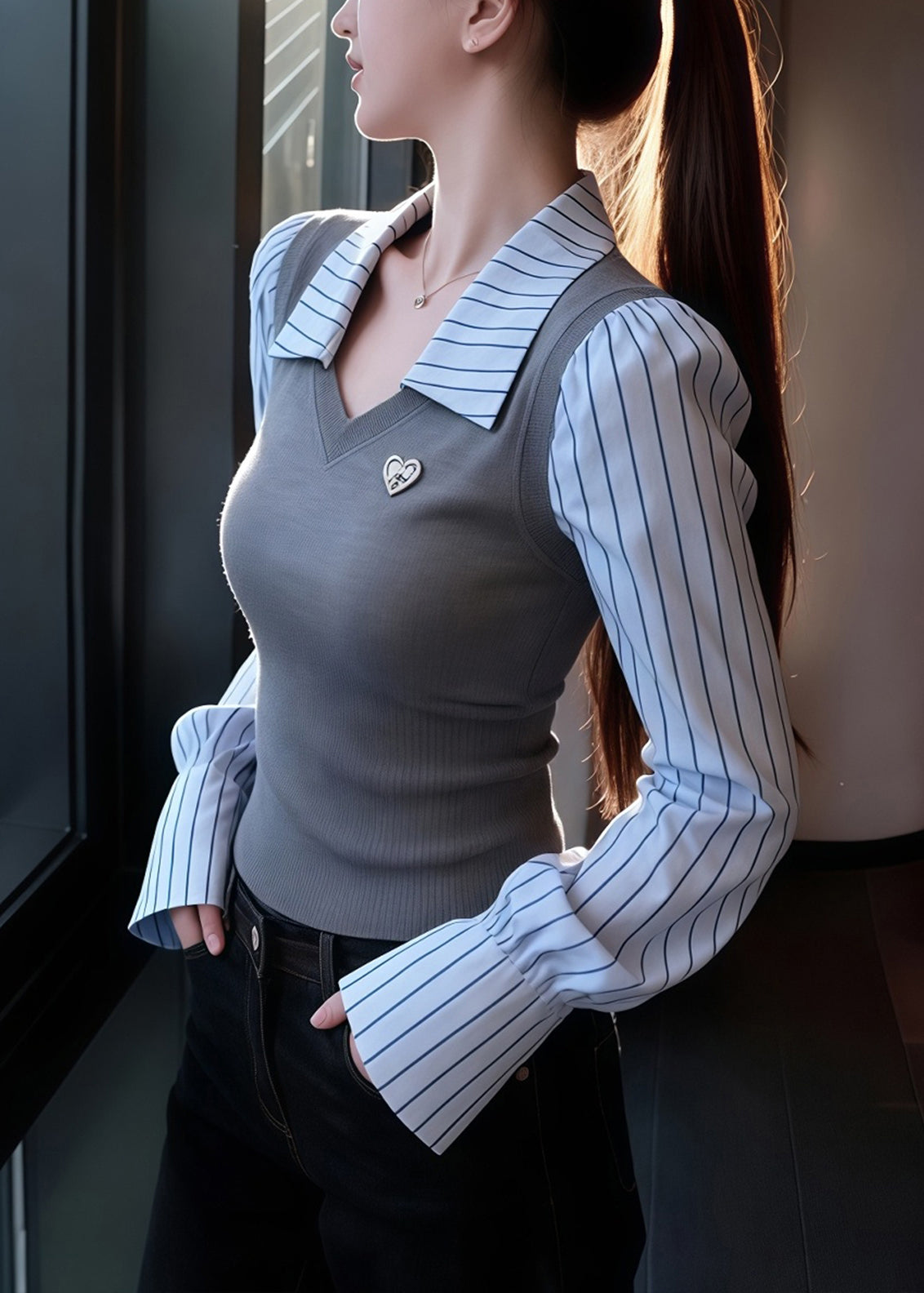 Slim Fit Grey Striped False Two Pieces Patchwork Knit Sweaters Spring