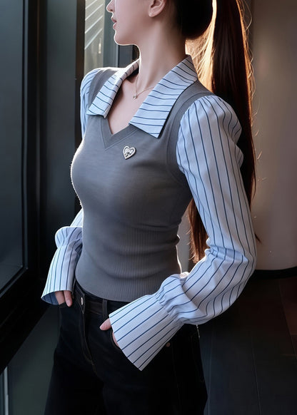 Slim Fit Grey Striped False Two Pieces Patchwork Knit Sweaters Spring