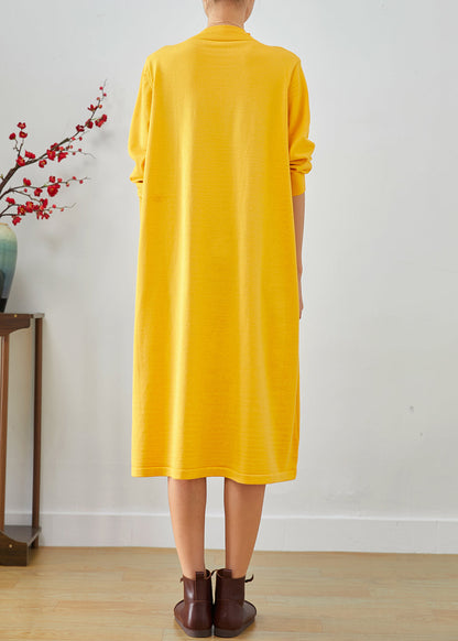 Yellow Stand Collar Patchwork Button Knit Sweater Dress Fall