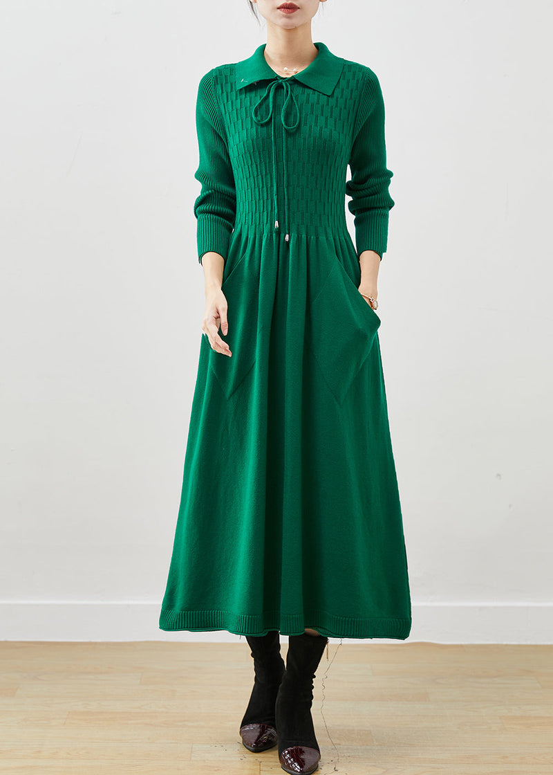Blackish Green Lace Up Pockets Knit a Line Dresses Spring