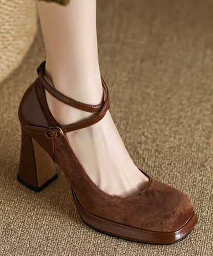 Brown High Heels Suede Cross Strap Splicing