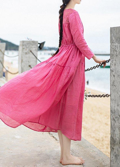 Rose Patchwork Lace Pockets Maxi Summer Linen Dress
