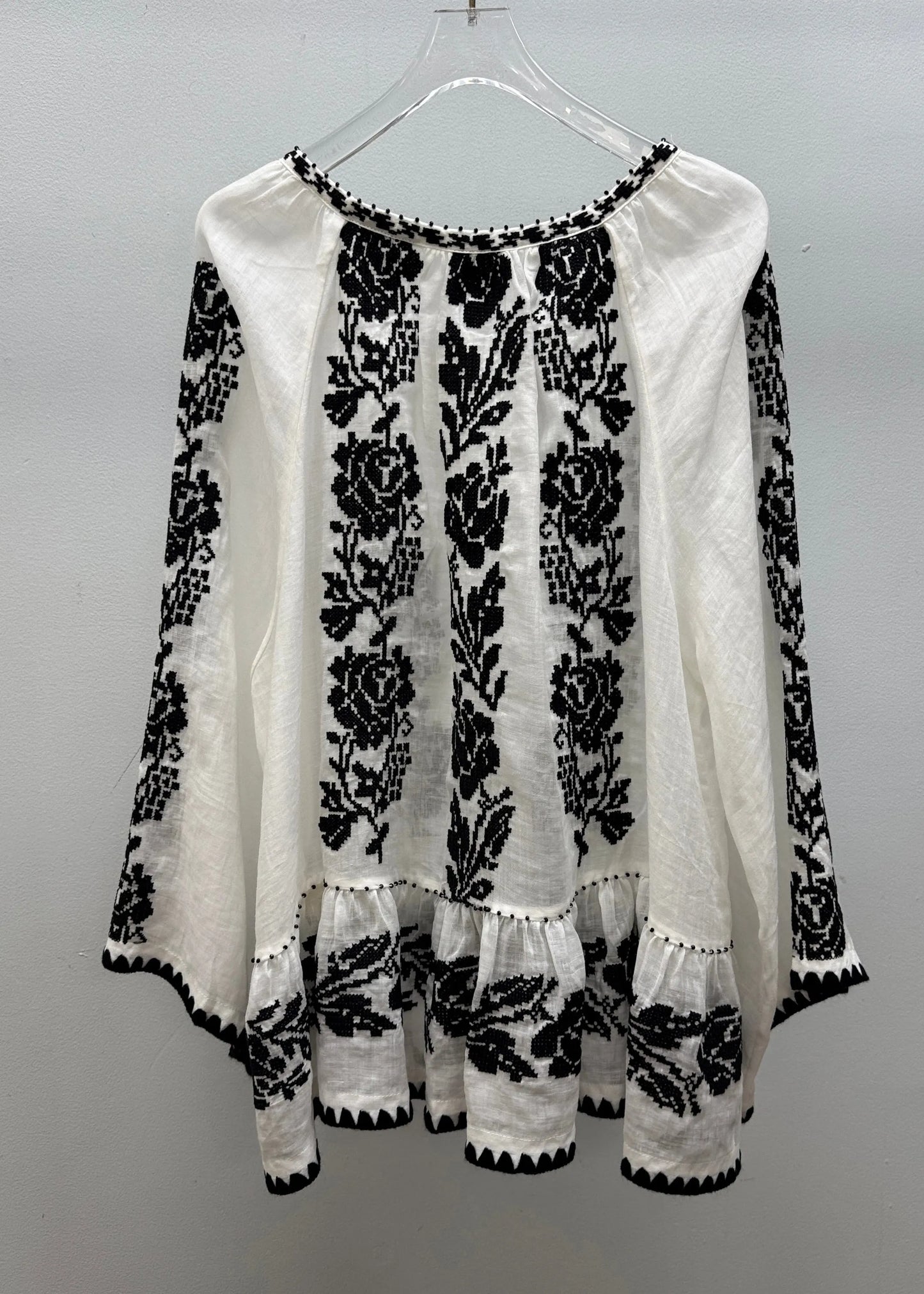Handmade White V Neck Embroidered Linen Blouses Fall