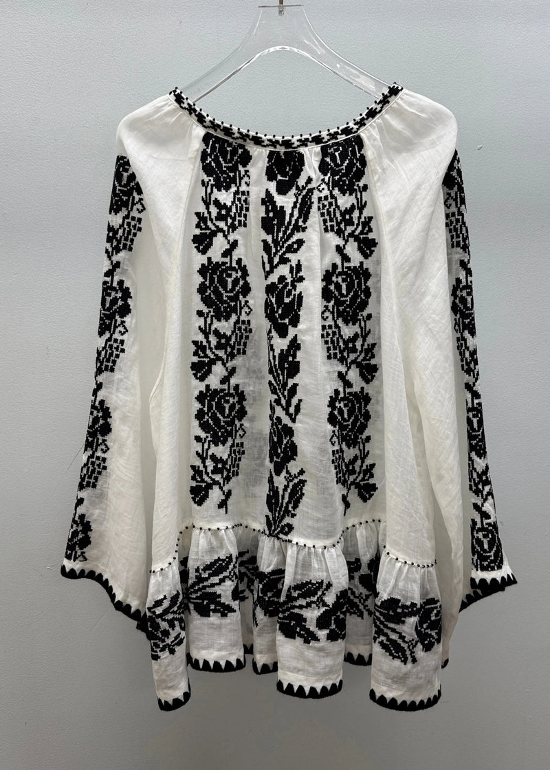Handmade White V Neck Embroidered Linen Blouses Fall