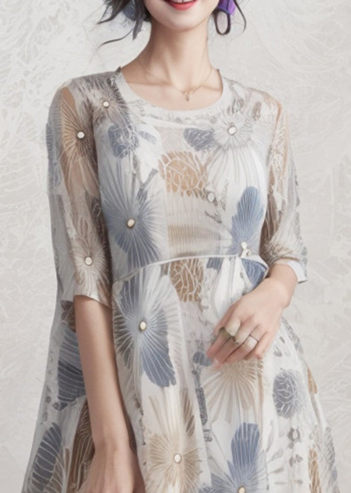 Modern Blue Grey Print Draping Silk Maxi Dresses Summer