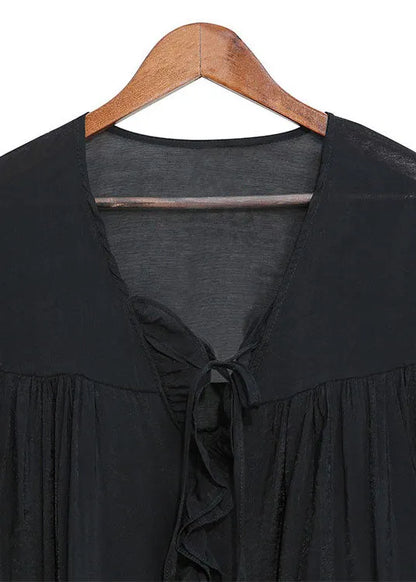 Fine Black V Neck Tie Wrinkled Top Three Quarter Sleeve