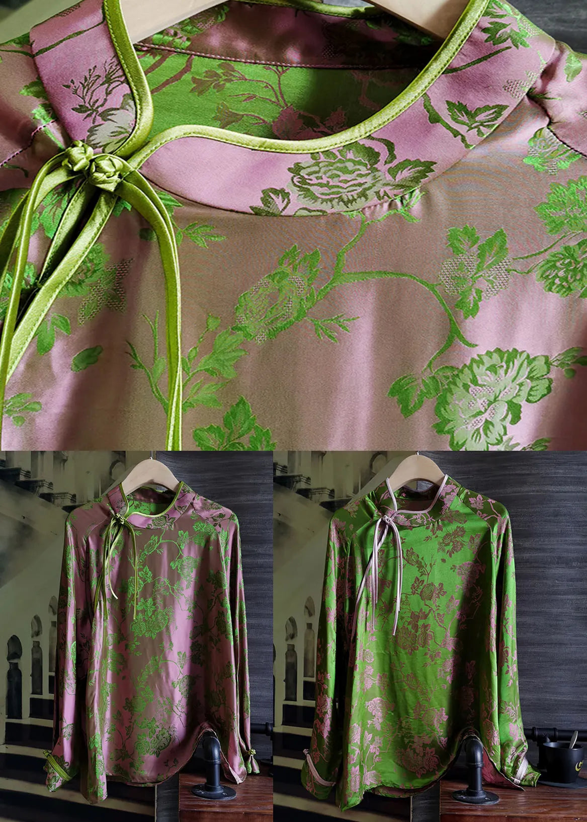 Green Stand Collar Patchwork Jacquard Silk Tops Spring
