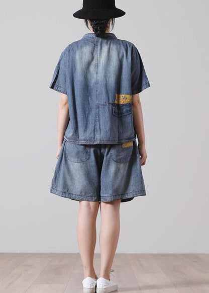 Button Blue Short Sleeve Tops Hot Pants Denim Two Piece Suit Set