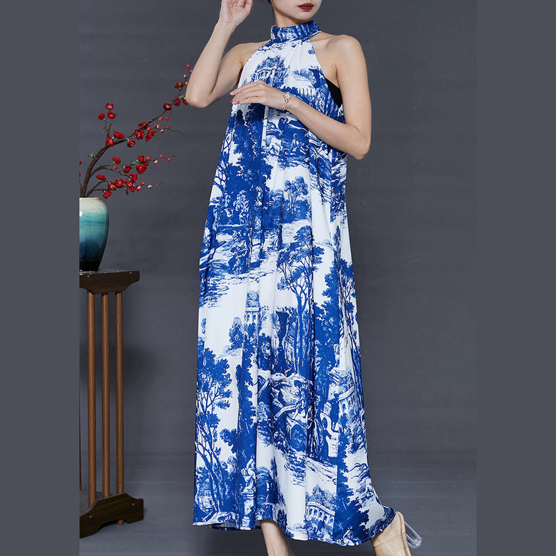 Modern Blue Cold Shoulder Print Cotton a Line Dress Summer