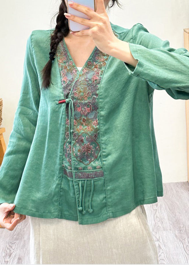 Pink V Neck Embroideried Patchwork Linen Shirts Fall