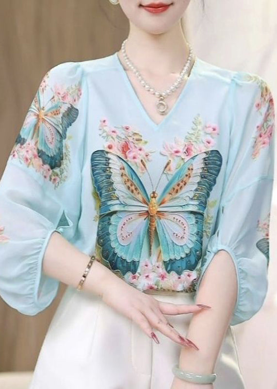 Blue O-neck Butterfly Print Chiffon Shirts Fall