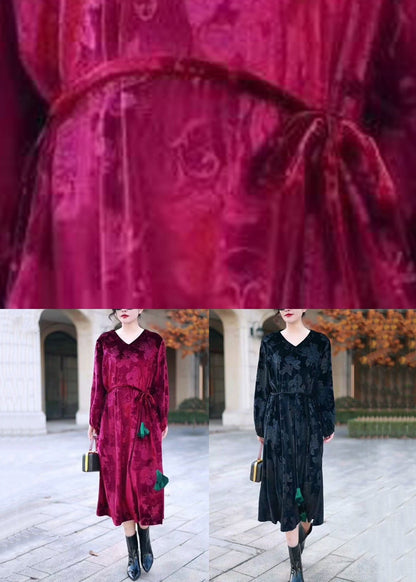 Italian Wine Red V Neck Tie Waist Silk Velour Long Dresses Winter