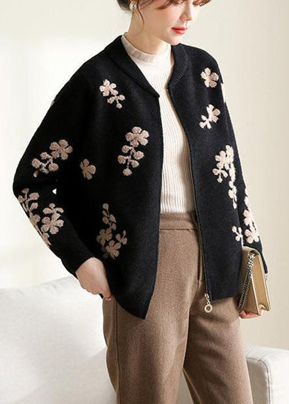 Stylish Black O-neck Embroideried Teddy Knitted Coat Long Sleeve