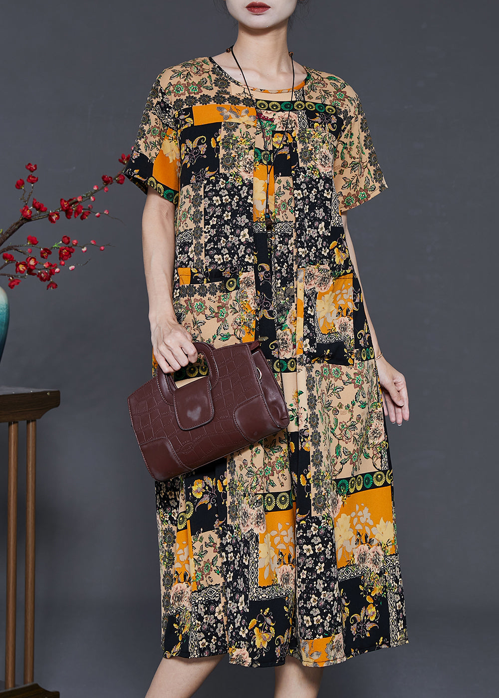Boutique Khaki Oversized Print Chiffon Holiday Dress Summer