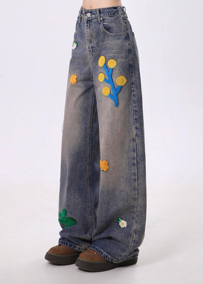 Blue Embroidered Denim Straight Pants Spring