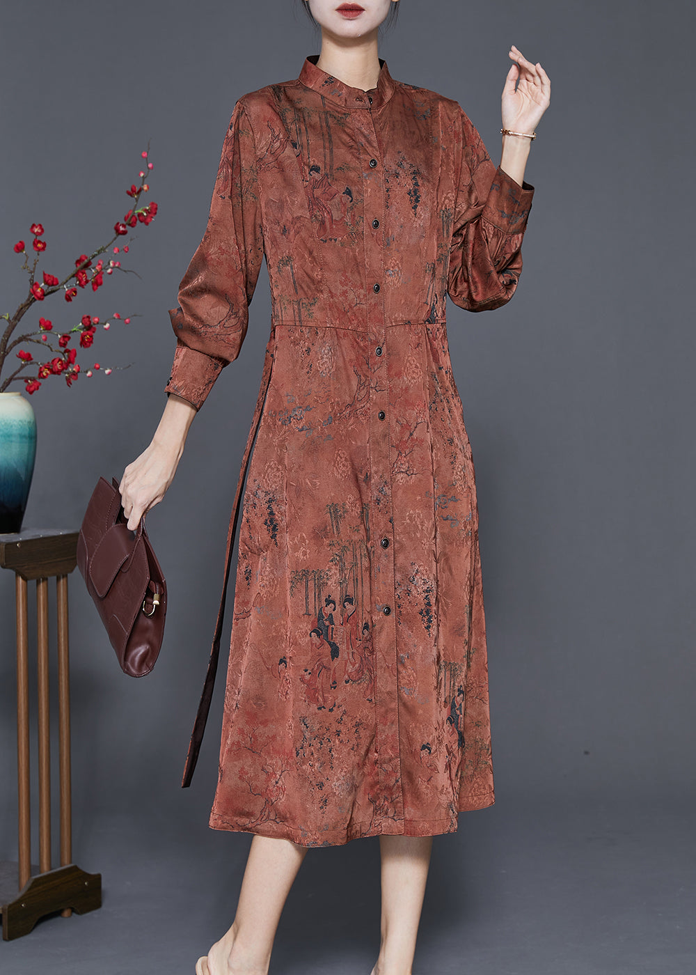 Coffee Stand Collar Print Tie Waist Silk Holiday Dress Spring