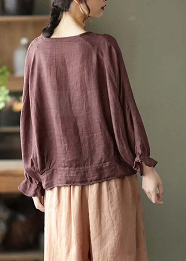 Style Dark Brown Tie Waist V Neck Embroideried Cotton Tops Batwing Sleeve