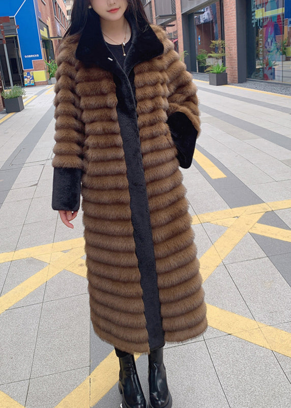 Style Coffee Peter Pan Collar Patchwork Leather and Fur Long Coats Winter