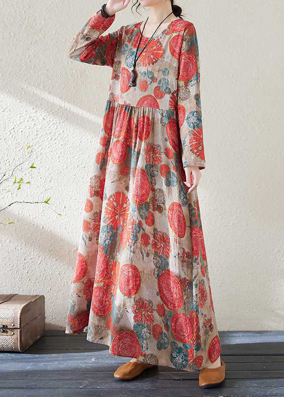 Handmade Red O-neck Print Wrinkled Holiday Dress Spring
