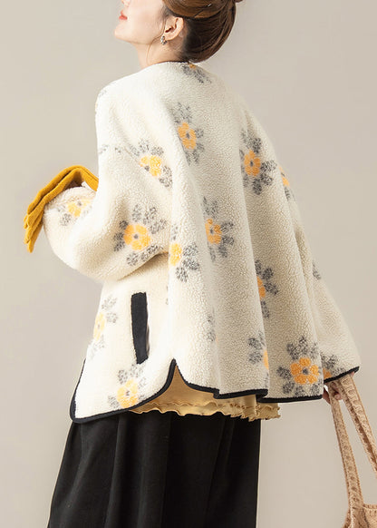 Jacquard Coffee Button Fluffy Coat and Grey Ruffled T Shirt Two Piece Set Winter