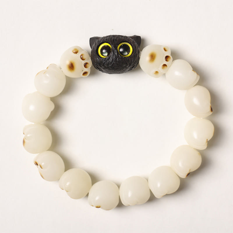 Buddha Stones Natural Bodhi Seed Paw Ebony Wood Lucky Cat Wisdom Bracelet