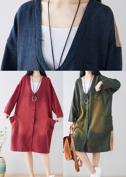 Diy Blue V Neck Patchwork Trench Coats Spring