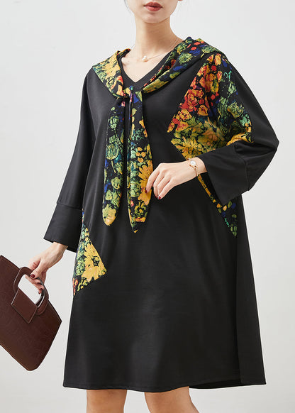 Black Hooded Patchwork Cotton Dress Spring