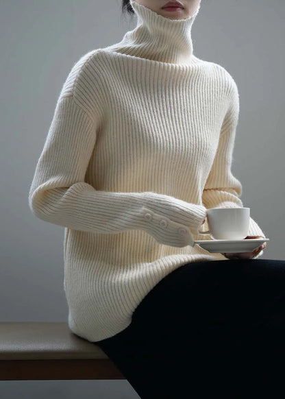 Boutique Camel Hign Neck Button Thick Knit Sweaters Fall