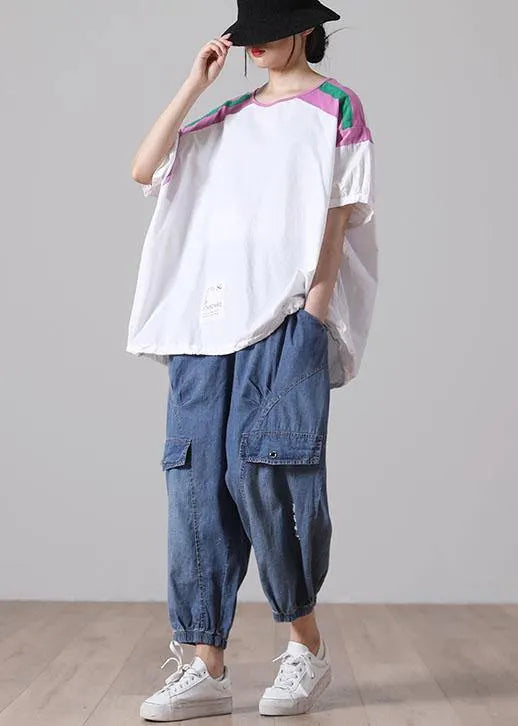 Diy White Patchwork O-neck Cotton Top Short Sleeve