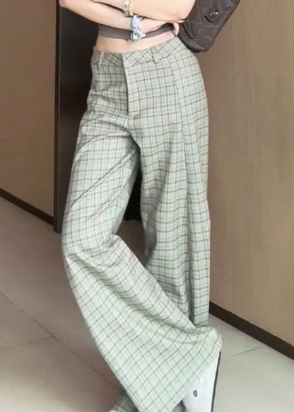 Plaid High Waist Cotton Wide Leg Pants Fall