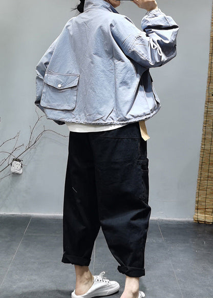 Loose Light Blue Stand Collar Zippered Drawstring Pockets Cotton Coats Long Sleeve