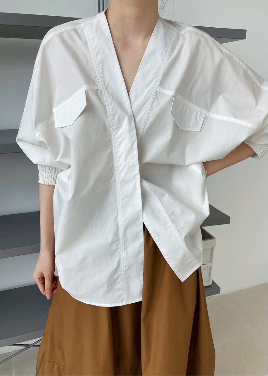 French White V Neck Cotton Shirts Top Batwing Sleeve