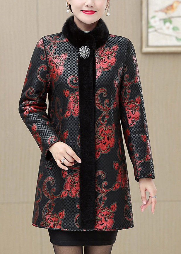 Classy Gold Fur Collar Print Warm Leather and Fur Coats Spring
