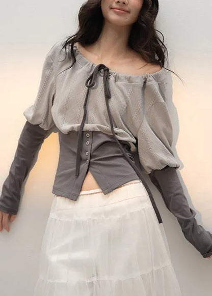 Slim Fit Grey Lace Up Patchwork Cotton T Shirts Fall